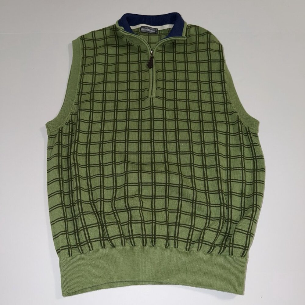 Alan Flusser Men's Golf Performance 1/4 Zip‎ Vest Green Plaid Vest Size Medium